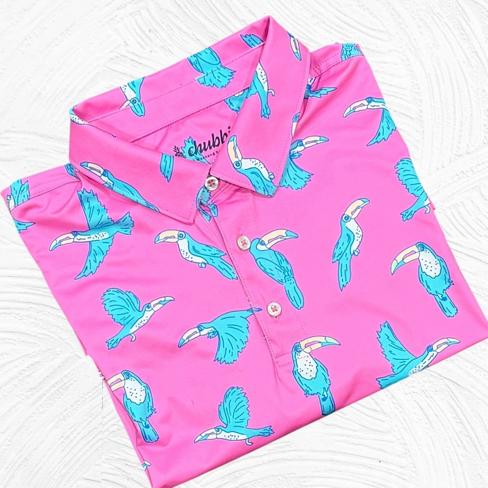 Chubbies Performance Polo Short Sleeve Hawaiian Shirt Toucan Large Pink Blue